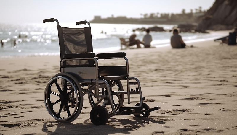 Wheelchair by the waterfront, enjoying summer relaxation generated by AI
