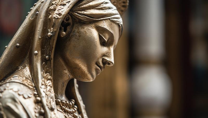 Praying women in close up of religious statue generated by AI